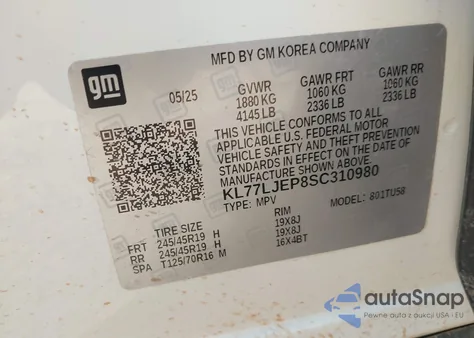 2025 Chevrolet Trax Fwd 2Rs z USA, uszkodzony, nr VIN KL77LJEP8SC310980